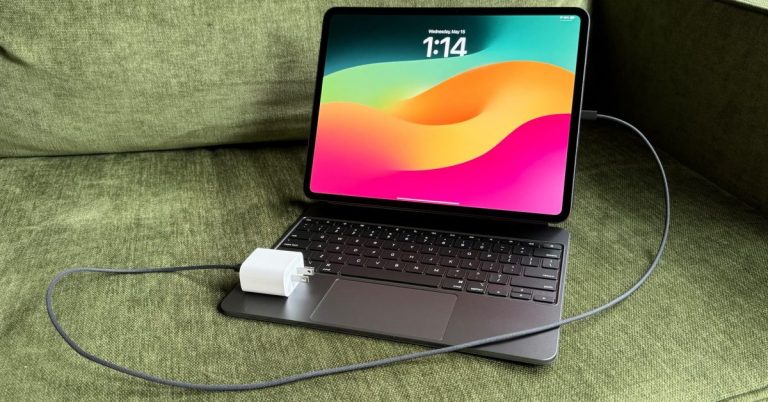 L’iPad Pro M4 est livré avec un câble USB-C de couleur assortie, alors optez pour le noir