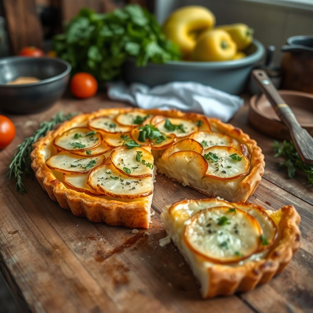 Recette de tarte aux pommes de terre et Scamorza fumée