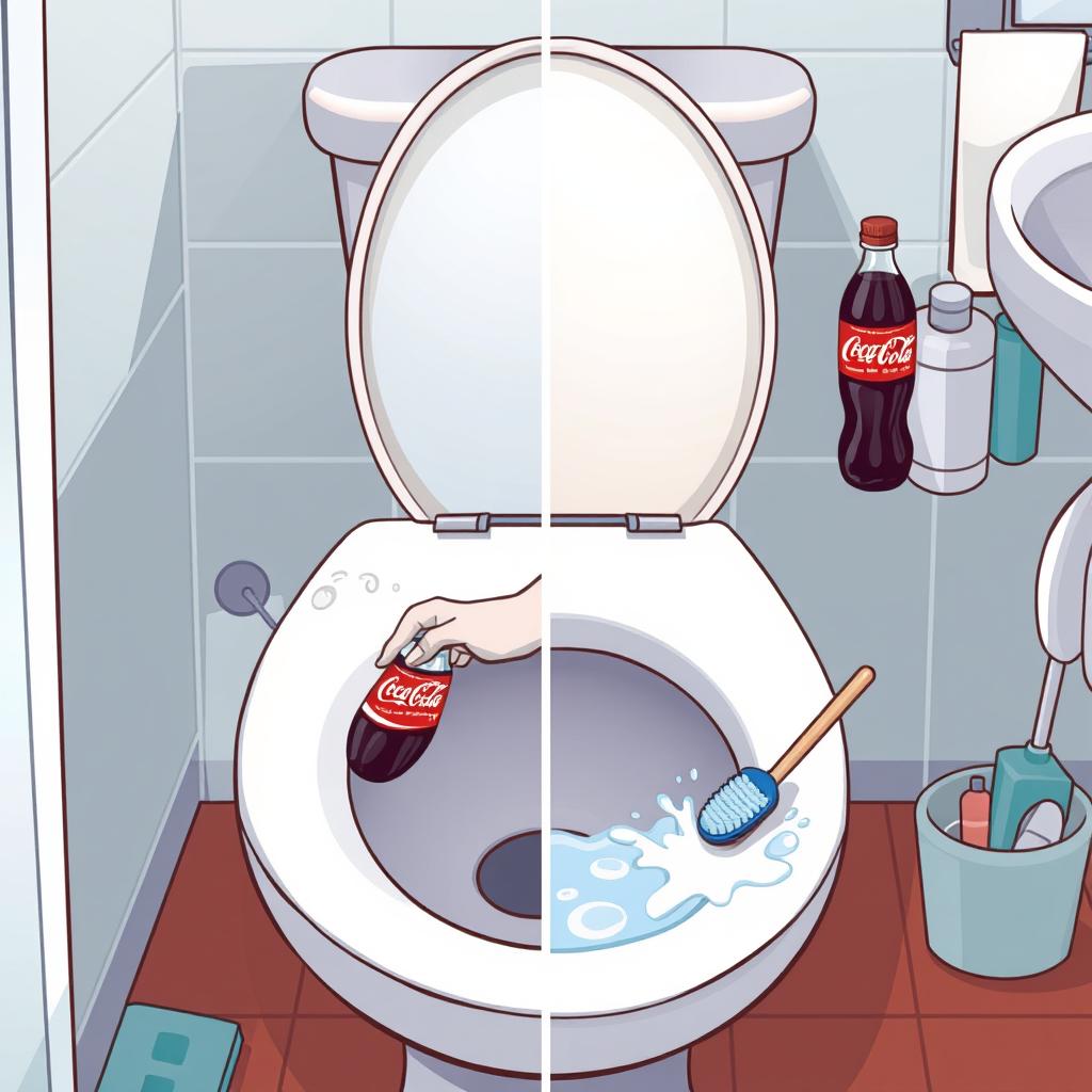 étapes nettoyage dans les toilettes avec utilisation Coca-Cola